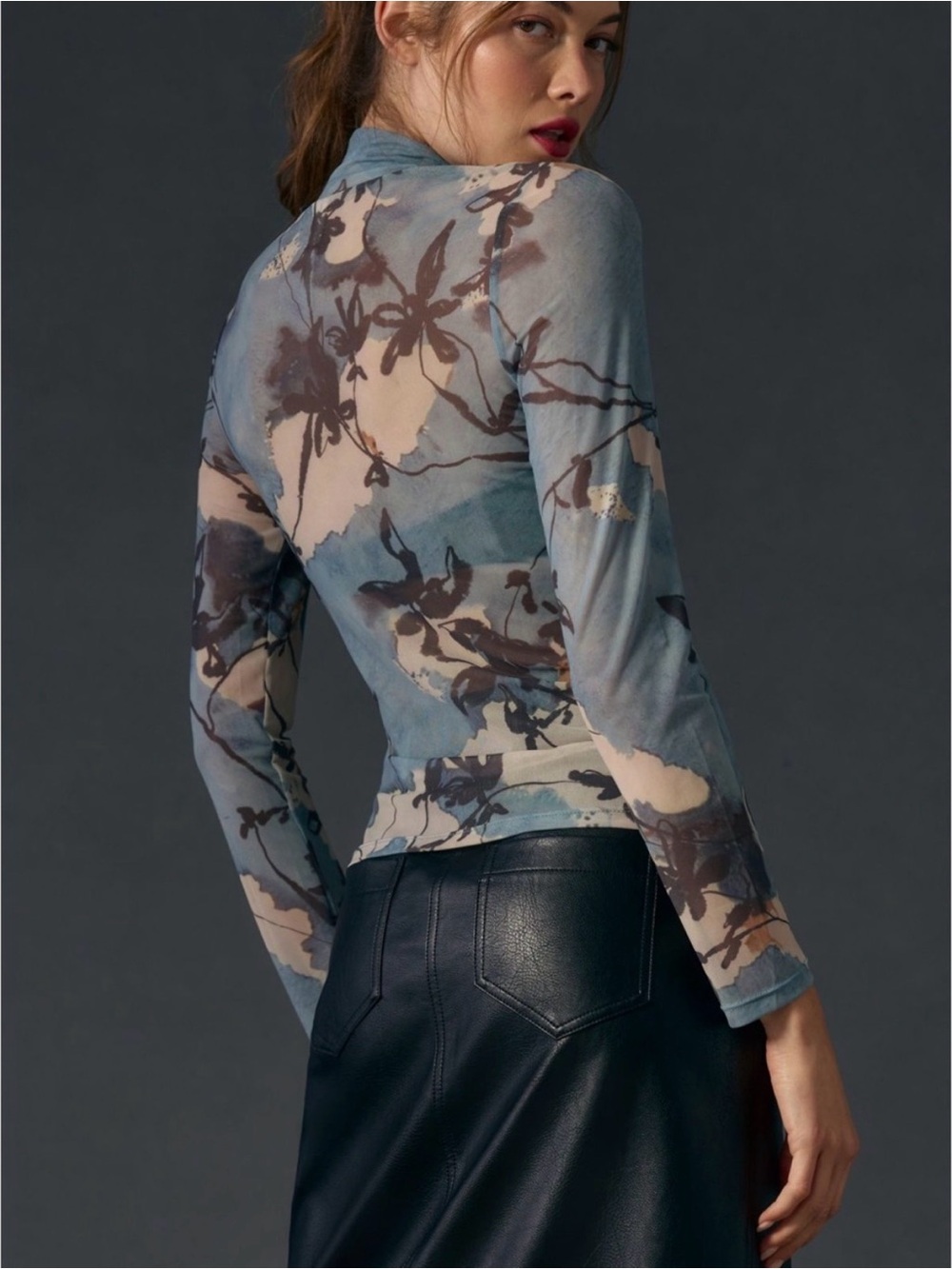 Anthropologie Blue Floral Sheer Mesh Mock Neck Long Sleeve Top Medium - Picture 2 of 7